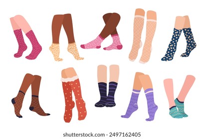 Set of ten pairs of female legs in various socks. Cool bright apparel, garments. Stylish clothing for women. High, short, sports socks. Hand drawn flat vector trendy illustration on a white background