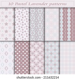 Set of ten pastel lavender vector seamless patterns. Endless texture can be used for web design, printing onto fabric and paper or scrapbooking. Swatches included
