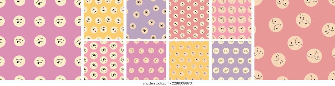 Set of ten patterns, basic image. Funny girl visage, backdrop design
