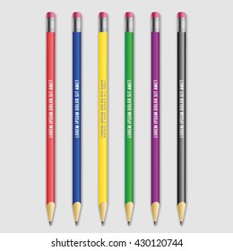 Set of ten pencils with pink eraser on grey background. Vector illustration.