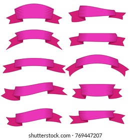 Set of ten pink ribbons and banners for web design. Great design element isolated on white background. Vector illustration.