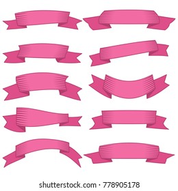 Set of ten pink ribbons and banners for web design. Great design element isolated on white background. Vector illustration.