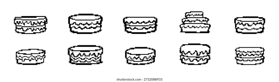 Set von zehn Pixel Art Cake Icons in Schwarz-Weiß-Linie Kunststil, ideal für Retro-Videospiele, Web-Design und minimalistische Grafiken.