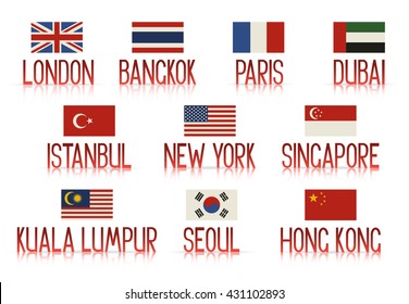 Set of ten popular tourist cities and their countries' flags. Vector labels with reflection.