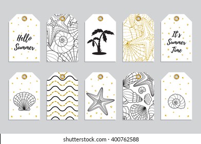 Set of ten printable hand drawn summer holiday label in black white and gold colors. Vector seasonal badges.