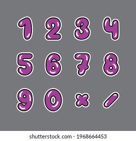 ein Satz von zehn violetten Zahlen, Multiplikations- und Trennzeichen  
mit schwarzer Umrisslinie auf grauem Hintergrund, Vektorgrafik