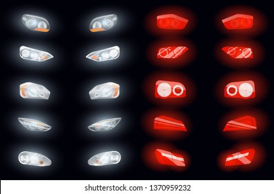 Set of ten realistic auto headlights and ten glowing brake lights isolated images on dark background vector illustration