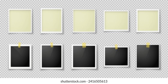 A set of ten realistic photo frames with black and yellow inserts. Retro photo frames with a shadow highlighted on a transparent background. Vector EPS 10.