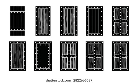Set of ten rectangular wooden shields featuring reinforced frames and detailed rivet patterns. These tactical defensive designs offer a variety of wood plank arrangements and are perfect for fantasy games, historical military projects, or shield icon sets.