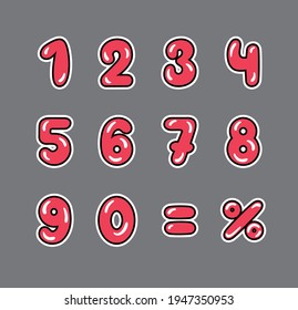 a set of ten red figures, the signs equality and percentage  
with a black outline on a gray background, vector