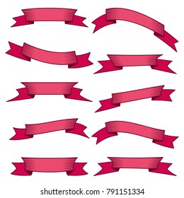 Set of ten red ribbons and banners for web design. Great design element isolated on white background. Vector illustration.
