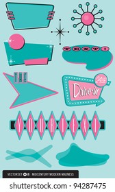 Set of ten retro, 1950’s-style vector elements for posters, labels, menus, and more.