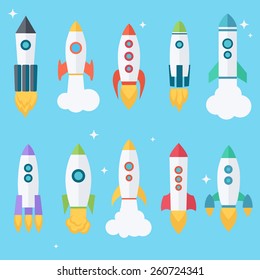 Set of ten rocket or spaceship colorful icons isolated. Travel or science exploration concept. Start up new business project vector illustration. Flat style