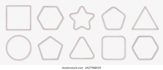 Set of ten rose gold glowing glowing different geometric shape frames isolated on transparent background. Shiny frame with glowing effects. Vector illustration