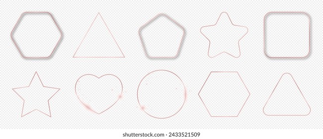 Set of ten rose gold glowing glowing different geometric shape frames isolated on transparent background. Shiny frame with glowing effects. Vector illustration