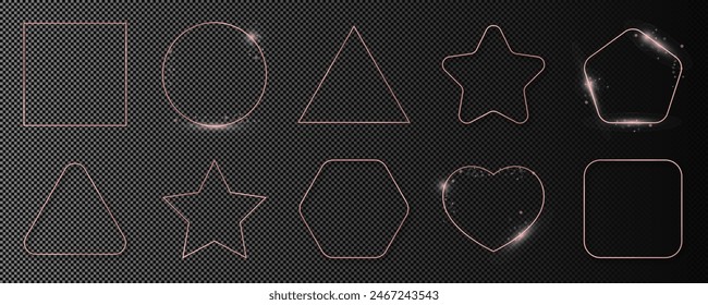 Set of ten rose gold glowing different geometric shape frames isolated on dark transparent background. Shiny frame with glowing effects. Vector illustration