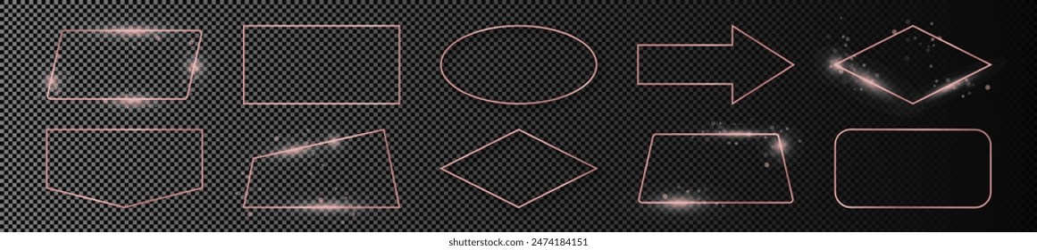 Set of ten rose gold glowing different geometric shape frames isolated on dark transparent background. Shiny frame with glowing effects. Vector illustration