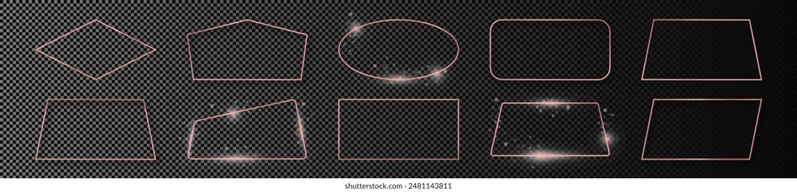 Set of ten rose gold glowing different geometric shape frames isolated on dark transparent background. Shiny frame with glowing effects. Vector illustration