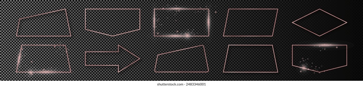 Set of ten rose gold glowing different geometric shape frames isolated on dark transparent background. Shiny frame with glowing effects. Vector illustration