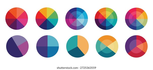 Un conjunto de diez iconos de gráfico circular en varias combinaciones de colores, cada uno dividido en múltiples secciones, dispuestos en dos filas sobre un fondo blanco puro
