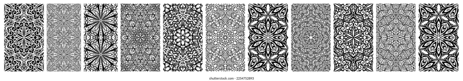 Set von zehn nahtlosen abstrakten schwarz-weißen Mustern für Textil oder Hintergrund. Vektorgrafik.