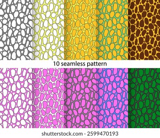 Set of ten seamless abstract patterns. Polka dot. Spots, abstract shapes, circles, oval. Backgrounds and spots have different colors. Gray, pink, yellow, green, brown, orange, white colors.