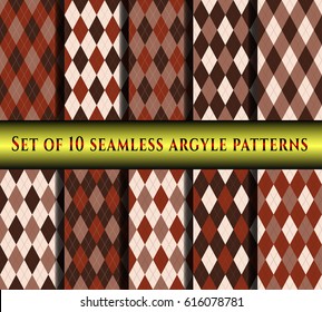 Set of ten seamless argyle patterns in shades of dark soot brown, sienna red and beige. 