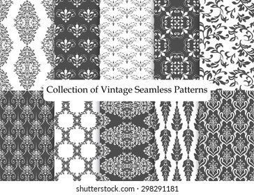 Set of ten seamless damask patterns. Classic black and white wallpapers. Vintage vector backgrounds.