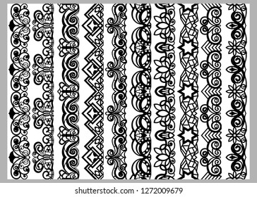 Set of ten seamless endless decorative lines. Indian decoration border  elements patterns in black and white colors.  Could be used as divider, frame, etc. Vector illustrations.