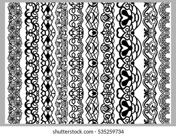 Set of ten seamless endless decorative lines. Indian Henna Border decoration elements patterns in black and white colors.  Could be used as divider, frame, etc. Vector illustrations.