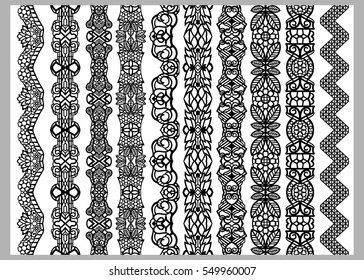 Set of ten seamless endless decorative lines. Indian decoration border  elements patterns in black and white colors.  Could be used as divider, frame, etc. Vector illustrations.