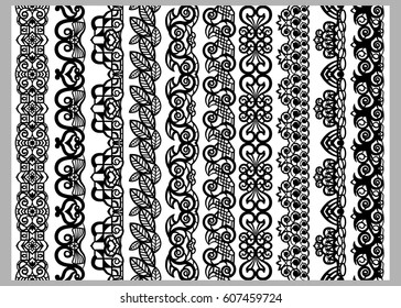 Set of ten seamless endless decorative lines. Indian decoration border  elements patterns in black and white colors.  Could be used as divider, frame, etc. Vector illustrations.