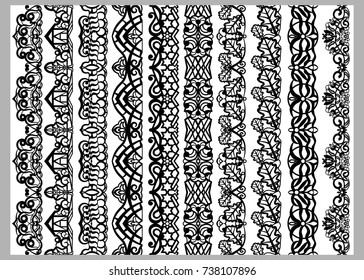 Set of ten seamless endless decorative lines. Indian decoration border  elements patterns in black and white colors.  Could be used as divider, frame, etc. Vector illustrations.