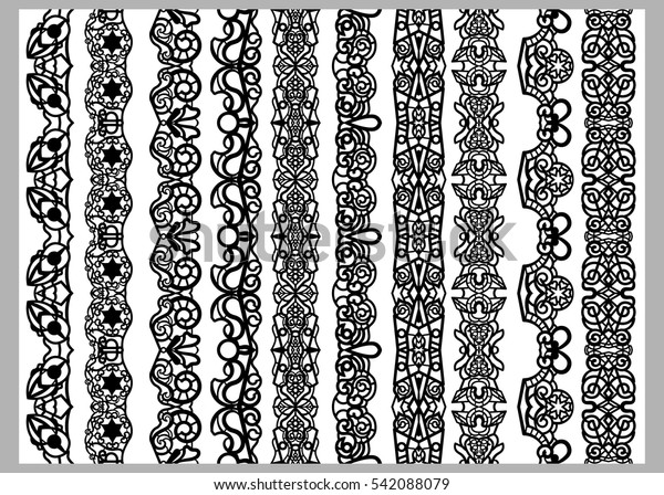 Set of\
ten seamless endless decorative lines. Indian Henna Border\
decoration elements patterns in black and white colors.  Could be\
used as divider, frame, etc. Vector\
illustrations.