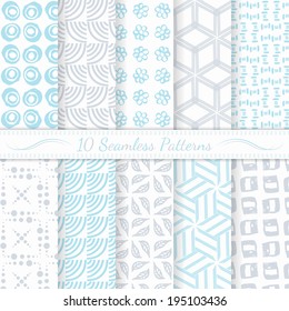 Set of ten seamless modern patterns. Gray and blue soft  colors. Swatches of seamless patterns included in the file. 