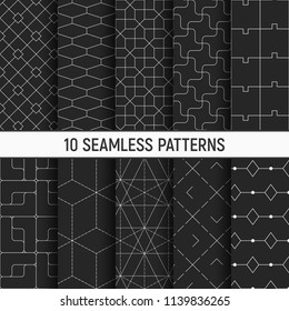 Set of ten seamless patterns. Abstract geometrical trendy vector backgrounds. Fashion design. Modern stylish textures with hexagons, rhombuses, dotted lines, squares. Repeating geometric shapes.