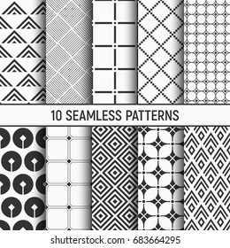 Set of ten seamless patterns. Abstract geometrical trendy vector backgrounds. Fashion design. Modern stylish textures with triangles, striped rhombuses, circles, squares. Repeating geometric shapes.