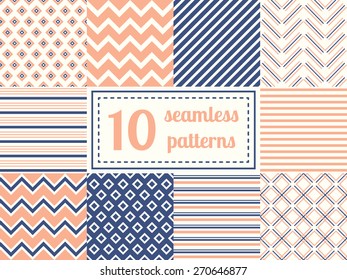 Set of ten seamless patterns in retro soft colors. Classic backgrounds. Vector illustration.