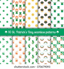 Set of ten seamless patterns for Saint Patrick's Day design with traditional elements of this holiday: leprechaun, clover, coin, pot of gold, hat, rainbow, horseshoe, beer. Vector illustration