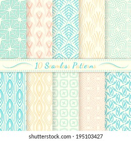 Set of ten seamless retro patterns. Simple lines, soft colors. Swatches of seamless patterns included in the file. 