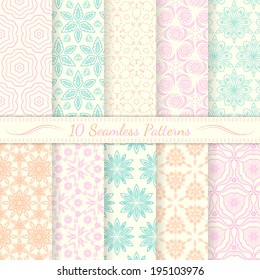 Set of ten seamless retro patterns. Soft colors. Swatches of seamless patterns included in the file. 