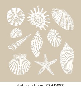 Set of ten seashells. Black ink brush texture.