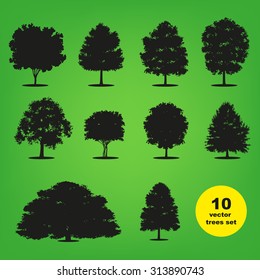 Set of ten silhouettes trees on transparent background