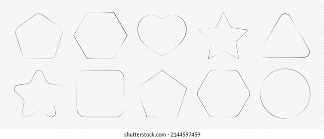 Conjunto de diez marcos de formas geométricas diferentes y brillantes de plata aislados sobre fondo transparente. Marco brillante con efectos brillantes. Ilustración del vector