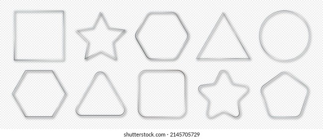 Set of ten silver glowing different geometric shape frames isolated on transparent background. Shiny frame with glowing effects. Vector illustration