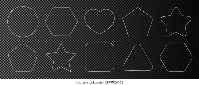 Set of ten silver glowing different geometric shape frames isolated on dark transparent background. Shiny frame with glowing effects. Vector illustration.