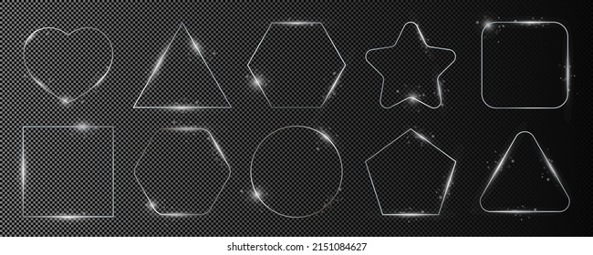 Set of ten silver glowing different geometric shape frames isolated on dark transparent background. Shiny frame with glowing effects. Vector illustration.