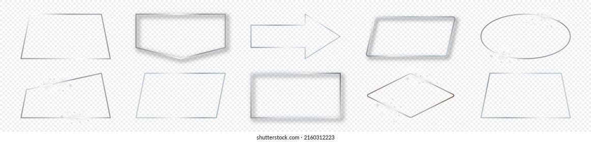 Conjunto de diez marcos de formas geométricas diferentes y brillantes de plata aislados sobre fondo transparente. Marco brillante con efectos brillantes. Ilustración del vector