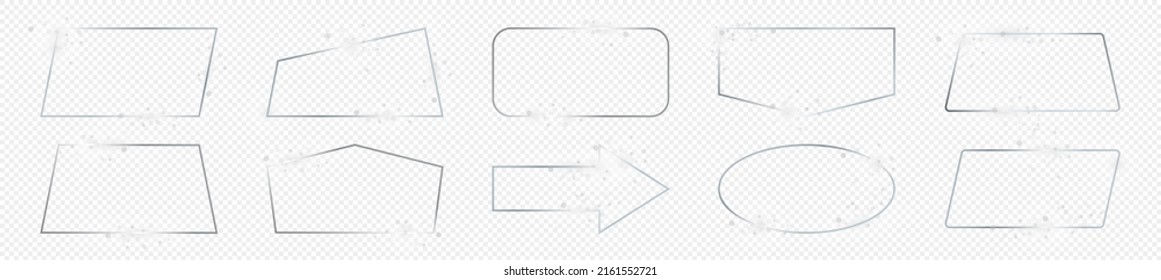 Satz aus zehn Silbern, die verschiedene geometrische Gestaltungsrahmen einzeln auf transparentem Hintergrund leuchten. Leuchtender Rahmen mit leuchtenden Effekten. Vektorgrafik