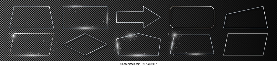 Set of ten silver glowing different geometric shape frames isolated on dark transparent background. Shiny frame with glowing effects. Vector illustration
